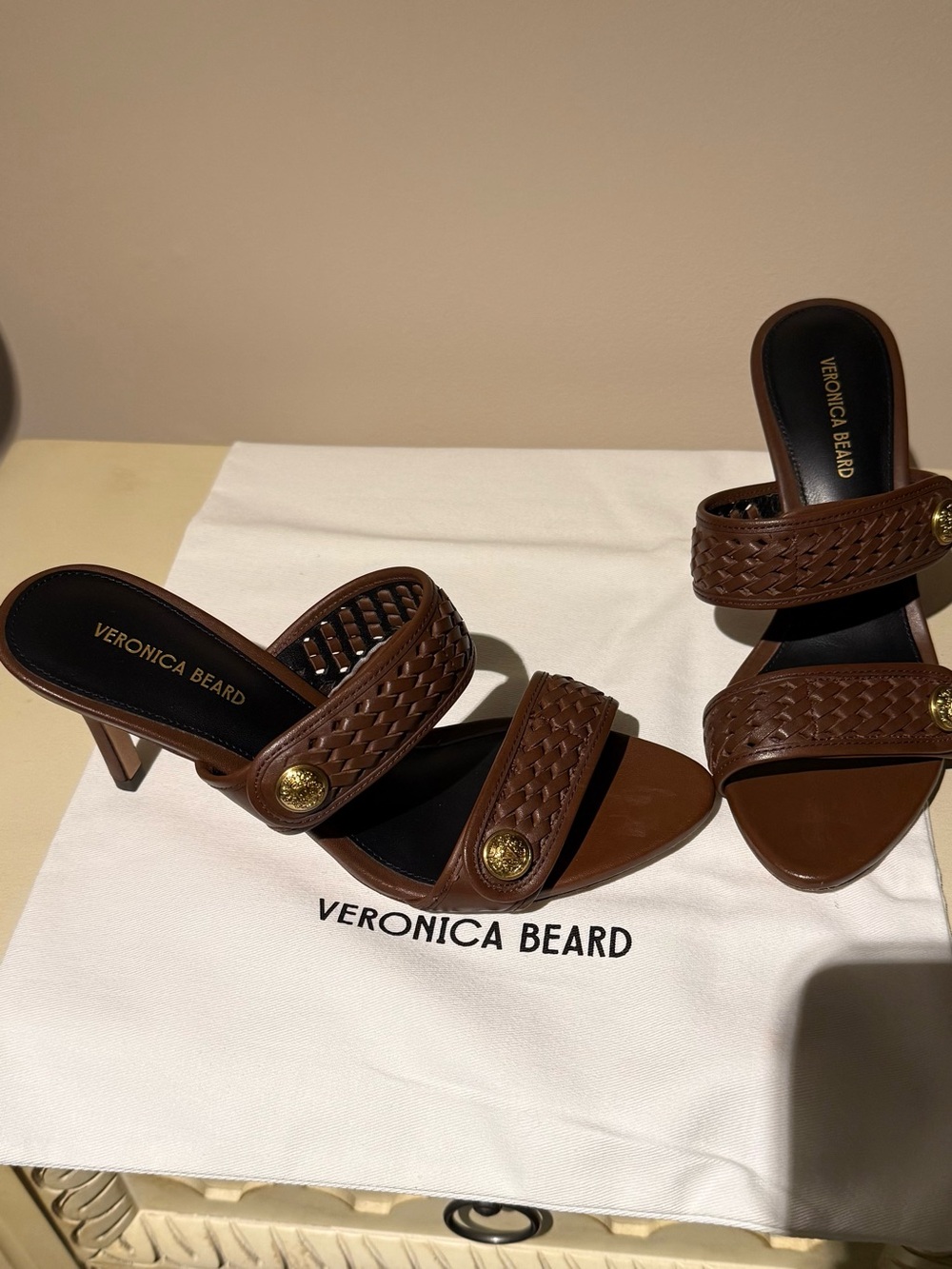 Veronica Beard Brown Woven Leather Slide Heels with Gold Buttons